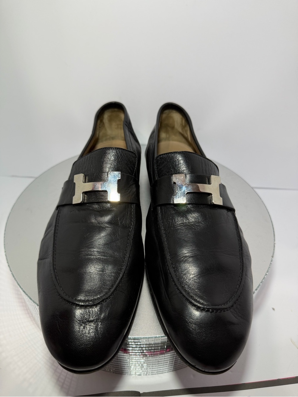 Hermes Black Leather Men's Slip-On Loafers with Silver H-Bit size 10 good cond